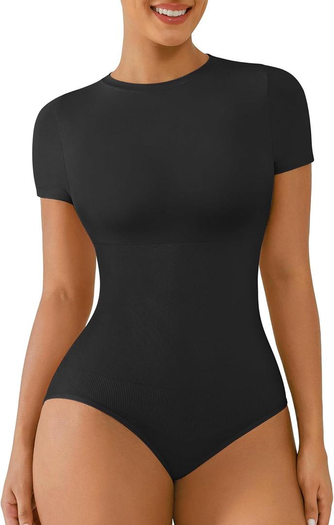 FeelinGirl Shapewear Bodysuit Compression Body Suits Women's Bodysuits High Neck Short Sleeve Plus Size Body Suit Body Shaper (Medium-Large, Black)