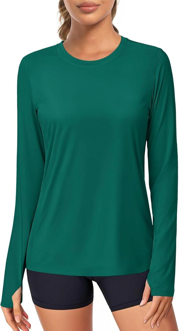 MAGCOMSEN Women's Long Sleeve Rash Guard Tshirts UPF 80+ Quick Dry Sun Shirts Swim Running Workout Tops with Thumb Holes , Size Medium