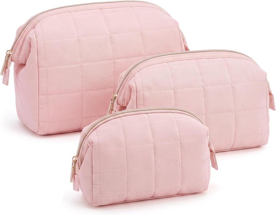 Meanplan 3 Pcs Pink Makeup Bag Quilted Travel Toiletry Bag Set Puffy Makeup Bags Preppy Cosmetic Pouch for Women Cute Wide Open Pink Cosmetic Bags Make up Organizer Purse Pouch Preppy Case with Zipper 