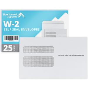 Blue Summit 25 W2 Envelopes 2025 Self Seal, W-2 Double Window Security Envelopes for 2 UP IRS Tax Forms from QuickBooks Online, Desktop, ADP and Other Software, 5 5/8 x 9, 25 Form Envelopes