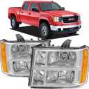 Headlight Assembly Compatible with 2007-2013 GMC Sierra 1500/2007-2014 Sierra 2500HD 3500HD Headlamps Replacement, Chrome Housing Clear Lens (Does Not Fit 2007 Classic Styles)
