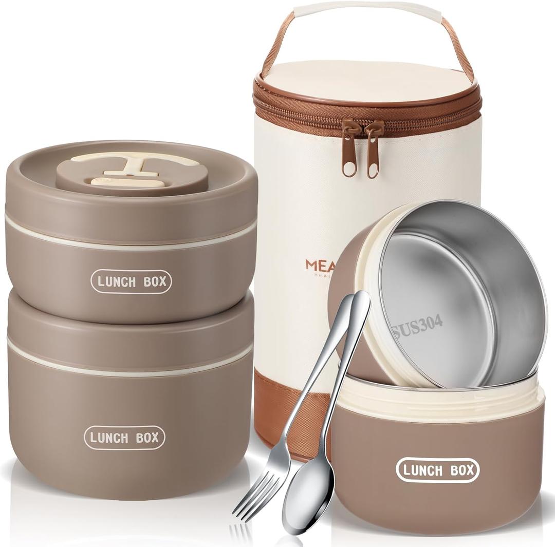 Dandat 3 Pcs Portable Insulated Lunch Container Set for Adult, Stackable Stainless Steel Bento Box for Hot Food with Insulated Lunch Bag Unisex 3 Separate Thermal Food Container(Khaki)