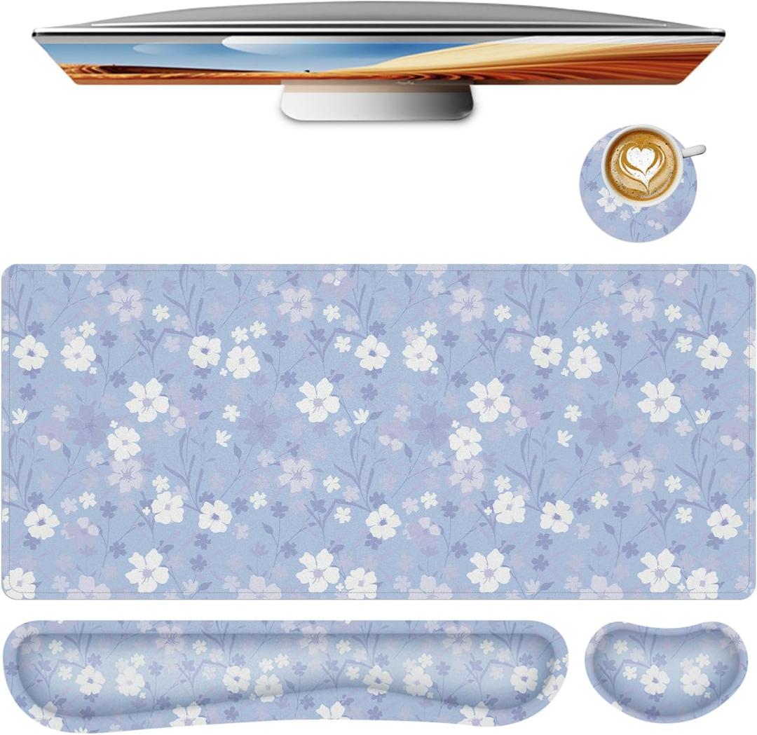 Large Mouse pad,4 in 1 Extended Keyboard Desk Mat with Wrist Rest,Non-Slip Desk Pad Protector Easy Typing Pain Relief for Home Office (Light Purple Flower)