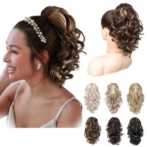 REECHO 12" Ponytail Extension, Classic Loose Curly Wavy Claw Clip Pony tails Hair Extensions Hairpieces for Women - Chestnut Brown with Highlights