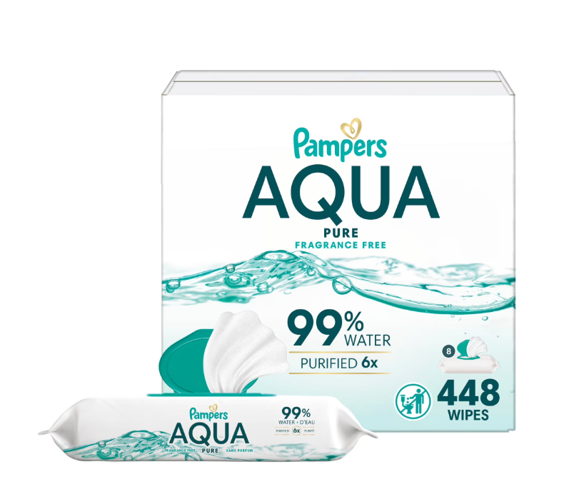 Pampers Aqua Pure Baby Wipes, 99% Water, Unscented, 8-Pack 448 Total Wipes