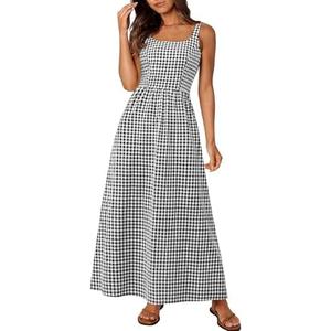 PRETTYGARDEN Women's 2025 Summer Spaghetti Strap Maxi Dresses Plaid Square Neck A Line Casual Beach Vacation Long Sundress, XL