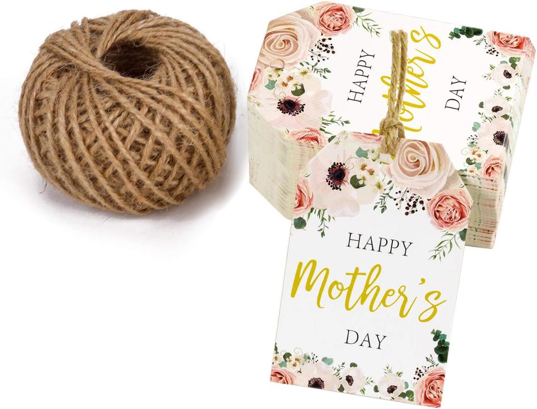 WRAPAHOLIC Gift Tags with String - 100PCS Happy Mother's Day Boho Floral Design Paper Tags with 100 Feet Natural Jute Twine for Mother' Day, Party Favors