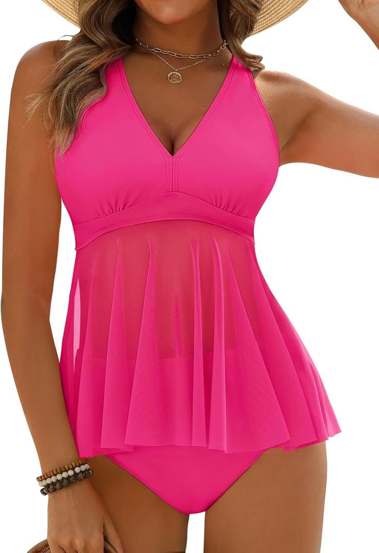 Dridreo Hot Pink Swimsuits for Women 2026 Tummy Control Tankini Sets Two Piece Full Coverage Bathing Suit High Waisted Swimwear XL