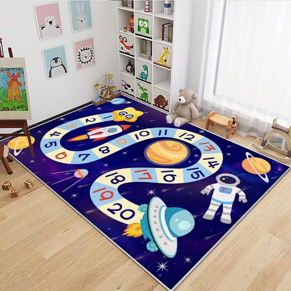 Starry Sky Rocket Cartoon Kids Rugs Numbers Educational Game Play Area Rug Soft Cozy Non-Slip Floor Mat Carpets for Bedroom Playroom,4x6ft