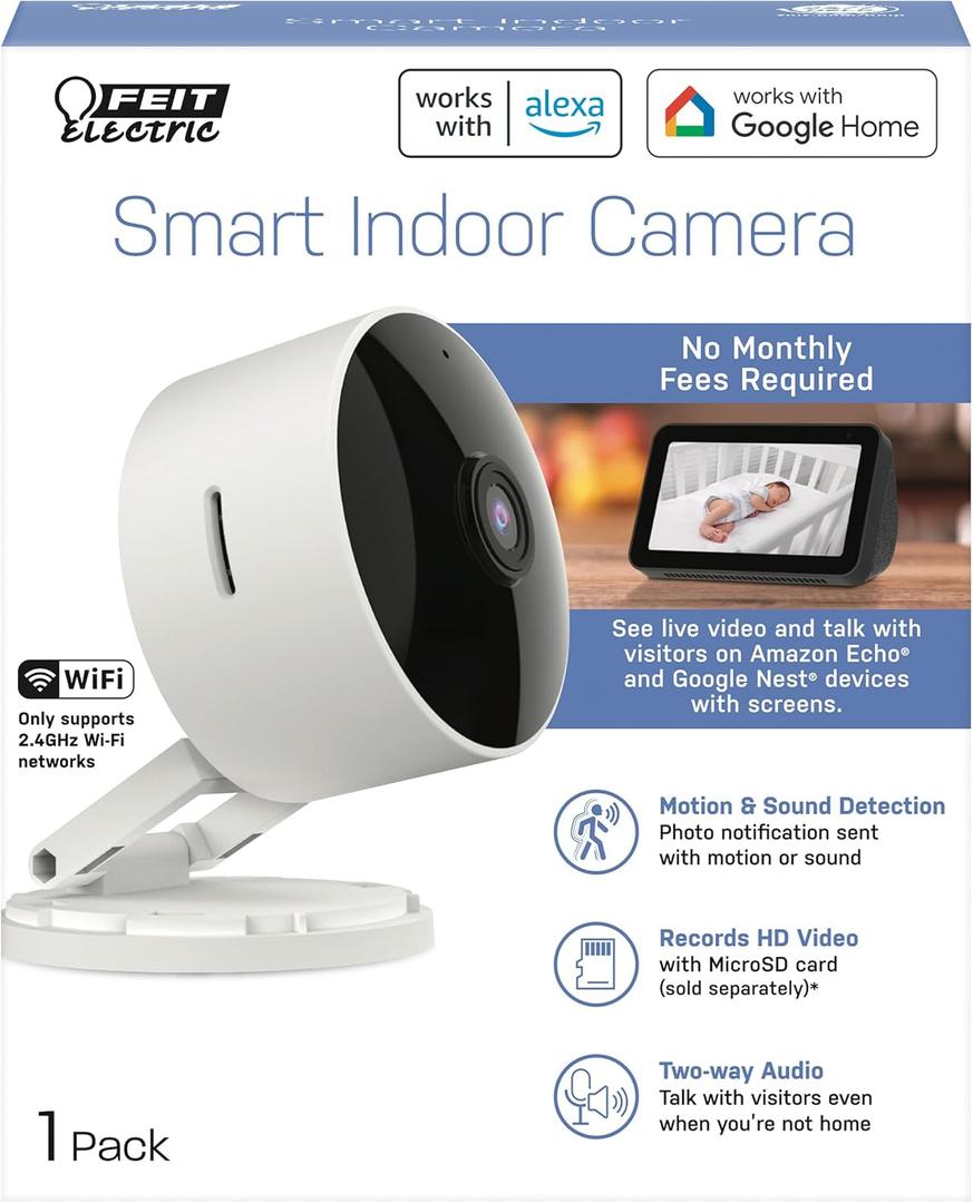 Feit Electric Indoor Security Camera with Motion Detection, 30ft. Night Vision, 360 Adjustable Head, 2.4GHz WiFi, 2-Way Audio, 1080p HD, Works with Alexa & Google Asst, Plug-in, White - CAM1/WIFI