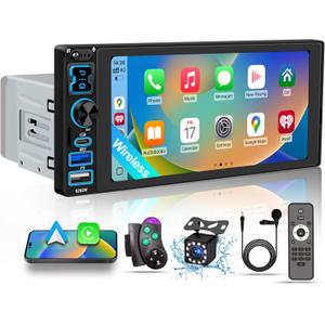 Single DIN Car Stereo Radio with Wireless Apple CarPlay & Android Auto, 6.8" IPS 1280x600 Touchscreen, Car Bluetooth 5.2, FM Radio, Backup Camera, Dual USB, EQ Audio, 180W Subwoofer Car Audio Receiver