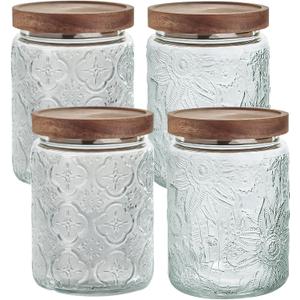 24 OZ Set of 4 Glass Storage Jar with Airtight Bamboo Wooden Lids, Vintage Food Containers Canisters Sets for Kitchen Counter Pantry, Sugar, Flour, Candy, Tea, Coffee Beans, Oats, Grain Bin, Pasta
