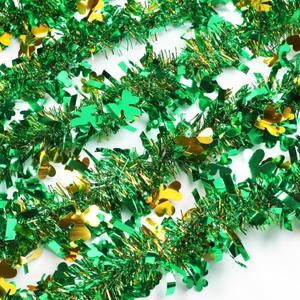 2Pcs Green and Gold Descoration Garland, 6.5FT Festival Decor Shiny Twist Streamer Hanging Shamrock Garland for Home Indoor Outdoor Irish Themed Events