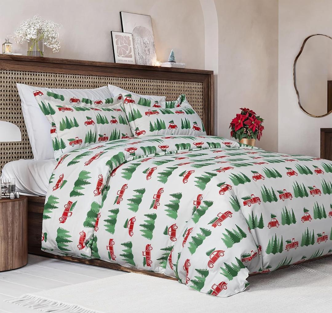Christmas Duvet Cover King Size Set - Extra Soft King Duvet Cover with 2 Pillow Shams - Holiday Xmas Bedding with Zipper Closures and Ties - Comfy Breathable Bed Set - 104 x 90, Christmas Tree Truck