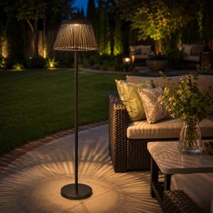 Design Accents Outdoor Floor Lamp, Solar Floor Lamp Outdoor Waterproof with 3CCT, Adjustable Height Metal Stand and Rattan-Style Shade, Rechargeable Outdoor Lamp for Patio, Garden, Backyard