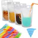 100 Pcs Zipper Plastic Pouches Drink Bags,Heavy Duty Hand-Held Translucent frosted Reclosable Stand-up Bag 2.4" Bottom Gusset with 100pcs Straws & Funnel Included (clear)
