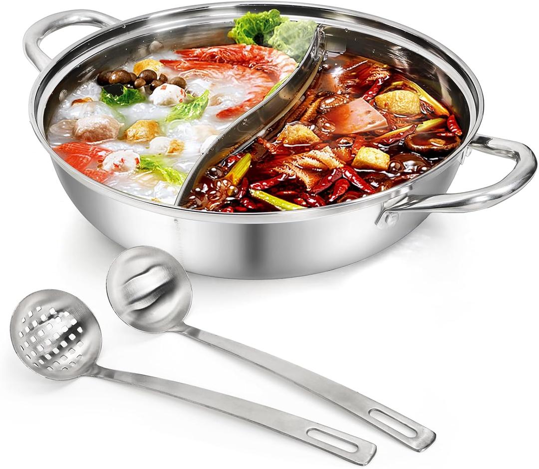 Peohud 304 Stainless Steel Hotpot Pot with Divider, 12 Inches Double-flavor Shabu Shabu Pot with Ladle and Slotted Spoon, Dual Sided Soup Cookware for Induction Cooktop Gas Stove