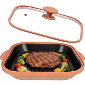 Microwave Grill Pan With Cover, Microwave Bacon Cooker, Portable Microwave Cookware For Grill Meat, Sandwich & Vegetable Dishwasher Safe (Square-Beige-Glass Lid)