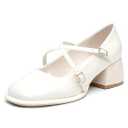 NEWBELLA Women's Retro Mary Janes Patent Leather Chunky Heel Pumps with Cross Strap & Square Toe, Comfortable French Style Dress Shoes for Work & Daily Wear, Cream 8