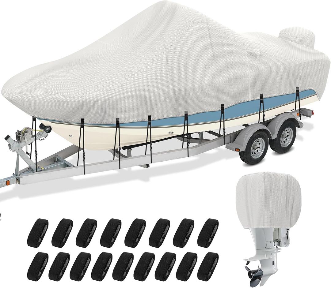 Center Console Boat Cover 20-22ft, 1200D Waterproof Boat Cover with Motor Cover, Trailerable Boat Cover for Center Console Boat, Heavy Duty Marine Grade UV Resistant Polyester Fabric, Gray