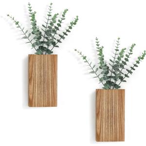 Dahey 2 Pack Wood Wall Planter Vase with Artificial Eucalyptus Farmhouse Wall Hanging Decor Pocket Planter for Indoor Fake Plants Greenery Flowers, livingroom Bedroom Kitchen Home Office Decoration (Medium, Natural)