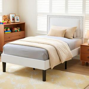 VECELO Twin Size Platform Bed Frame with Height Adjustable Upholstered Headboard, Modern Mattress Foundation,Strong Wood Slat Support, No Box Spring Needed, Easy Assembly,White