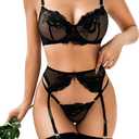Kaei&Shi Floral Embroidered, Underwire, G-String, Garter Belt, 4 Pieces Lingerie (12, Black)