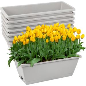6pcs Window Box Planter, 17 Inches Flower Window Boxes, Rectangle Planters Box with Drainage Holes and Trays, Plastic Vegetable Planters for Windowsill Patio Garden Home Decor Porch Yard (Grey) (Gray)