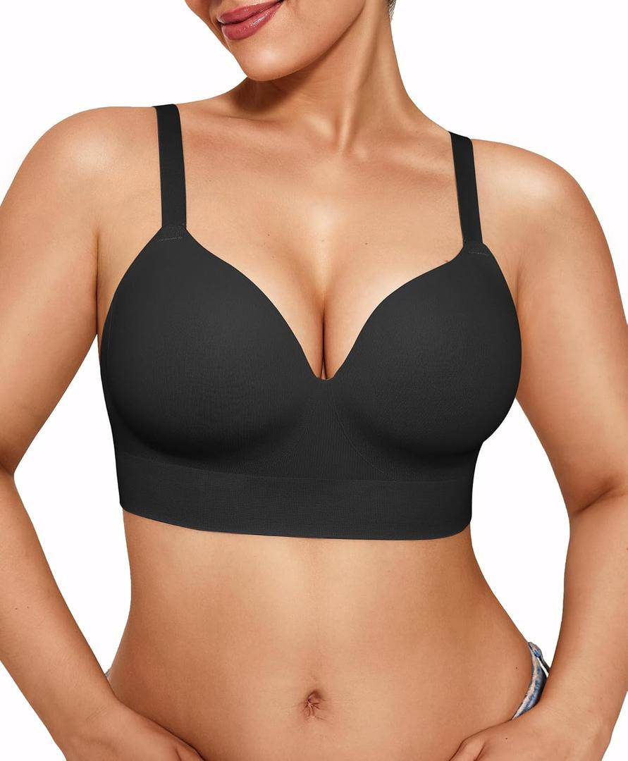 Popilush Bras for Women No Underwire Supportive Push Up Bralettes Wireless Full Coverage Plus Size T-Shirt Bra (Medium, Black)