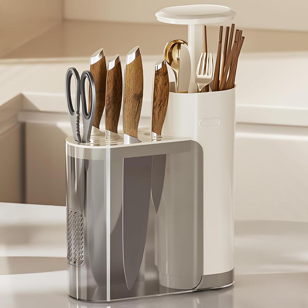 Kitchen Utensil Holder, Knife Holder Organizer for Kitchen Countertop, Dust-proof Utensil Drying Rack with Drainage, Cooking Cutlery Silverware, Forks, Knives, Spoons Organizer