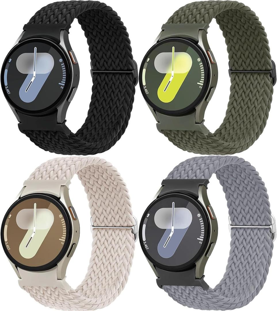 One Click Braided Bands for Samsung Galaxy Watch 7 6 5 4 Band 40mm 44mm/Watch 6 4 Classic 47mm 43mm 46mm 42mm/Watch 5 Pro 45mm,No Gap Stretchy Elastic Fabric Nylon Strap for Samsung Watch 4 5 6 7 FE (02-Black/Starlight/Military Green/Grey)