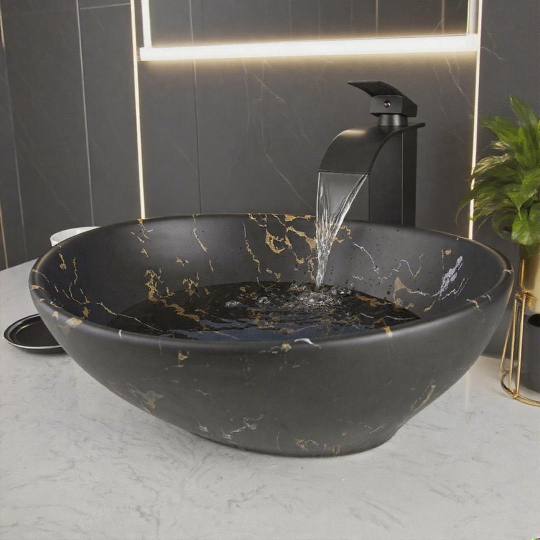 17"14" Marbling Vessel Sink with Faucet and Drain Combo Black and Gold Ceramic Bathroom Vessel Sink, Oval Above Counter Bathroom Sinks
