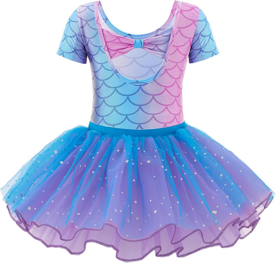 Zaclotre Girls Ballet Leotards Short Sleeve Bow Back Tutu Ballerina Costume Toddler Dance Dress Outfit Combo (4-5T, Pink Blue Mermaid)