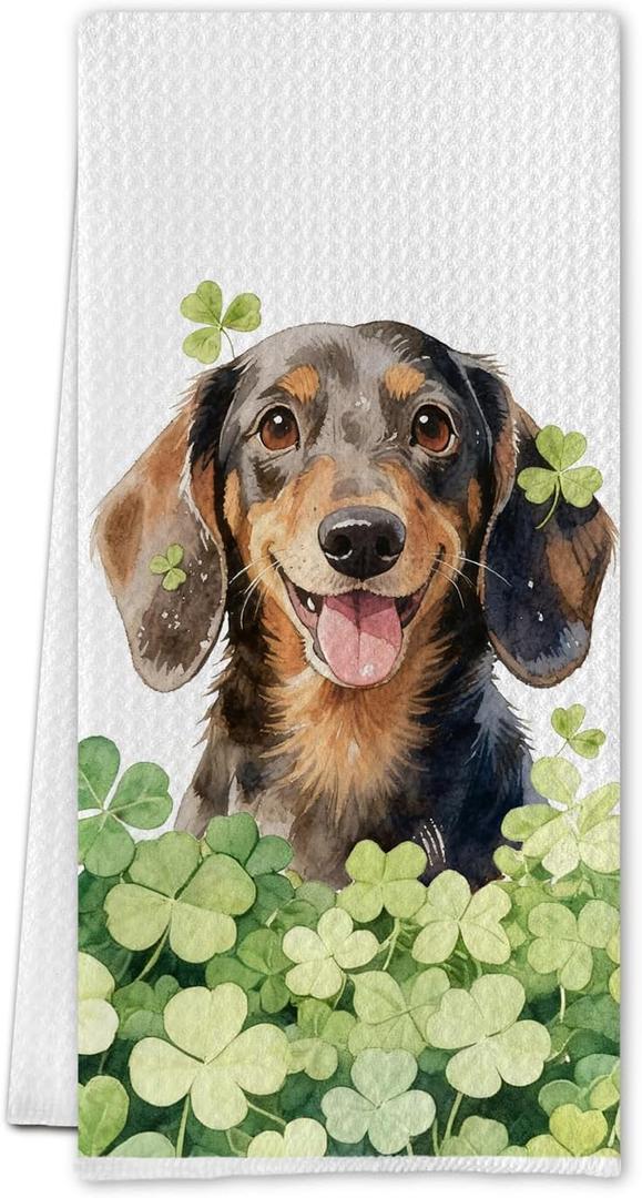 Dachshund St. Patrick's Day Kitchen Towels,Irish Shamrock Dachshund Dish Tea Towels Gifts for Women Men,Shamrock Weiner Dog Decorative Hand Towel for Kitchen Bathroom,16x24 Inch