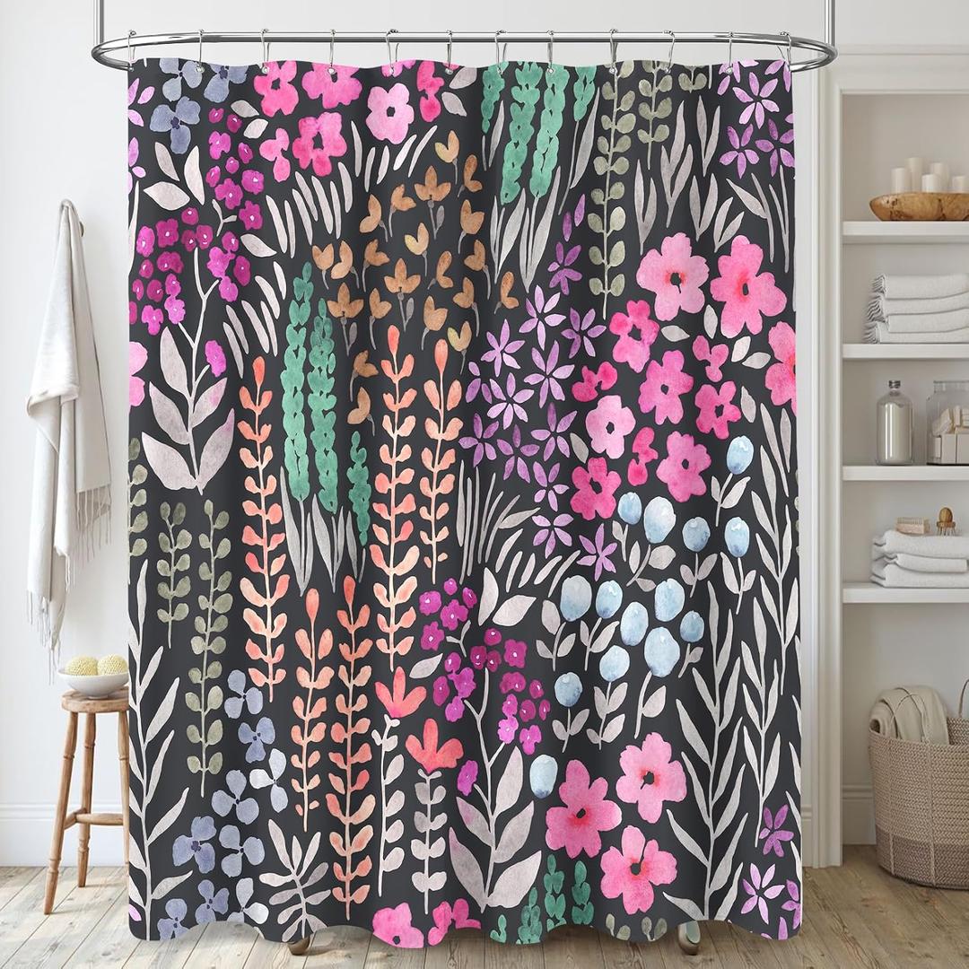 Black Pink Floral Shower Curtain, Hot Pink Boho Flower Fabric Shower Curtain, Cute Funky Watercolor Wildflower Shower Curtain Set, Cottagecore Bohemian Bathroom Decor, 72x72