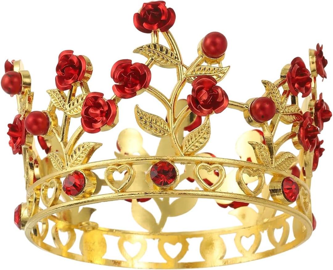 Uxcell Mini Crown Cake Toppers, Alloy Queen Princess Little Crown Tiara Cupcake Heart Shaped with Pearl & Rose for Birthday Cake Decor Wedding Party, Gold/Red/Red