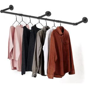 Clothes Hanger Pole Wall Mount, 72" Heavy Duty Detachable Black Iron Garment Bar Hanging Rod Holder, Clothes Rail Shelf Wardrobe Organizer for Laundry Room & Closet Storage, 3 Base