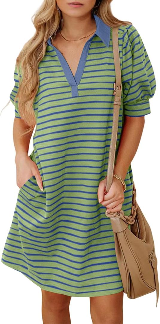 BLENCOT Women's Casual Polo V Neck T Shirt Striped Dress Summer Puff Short Sleeve MIdi Dresses M