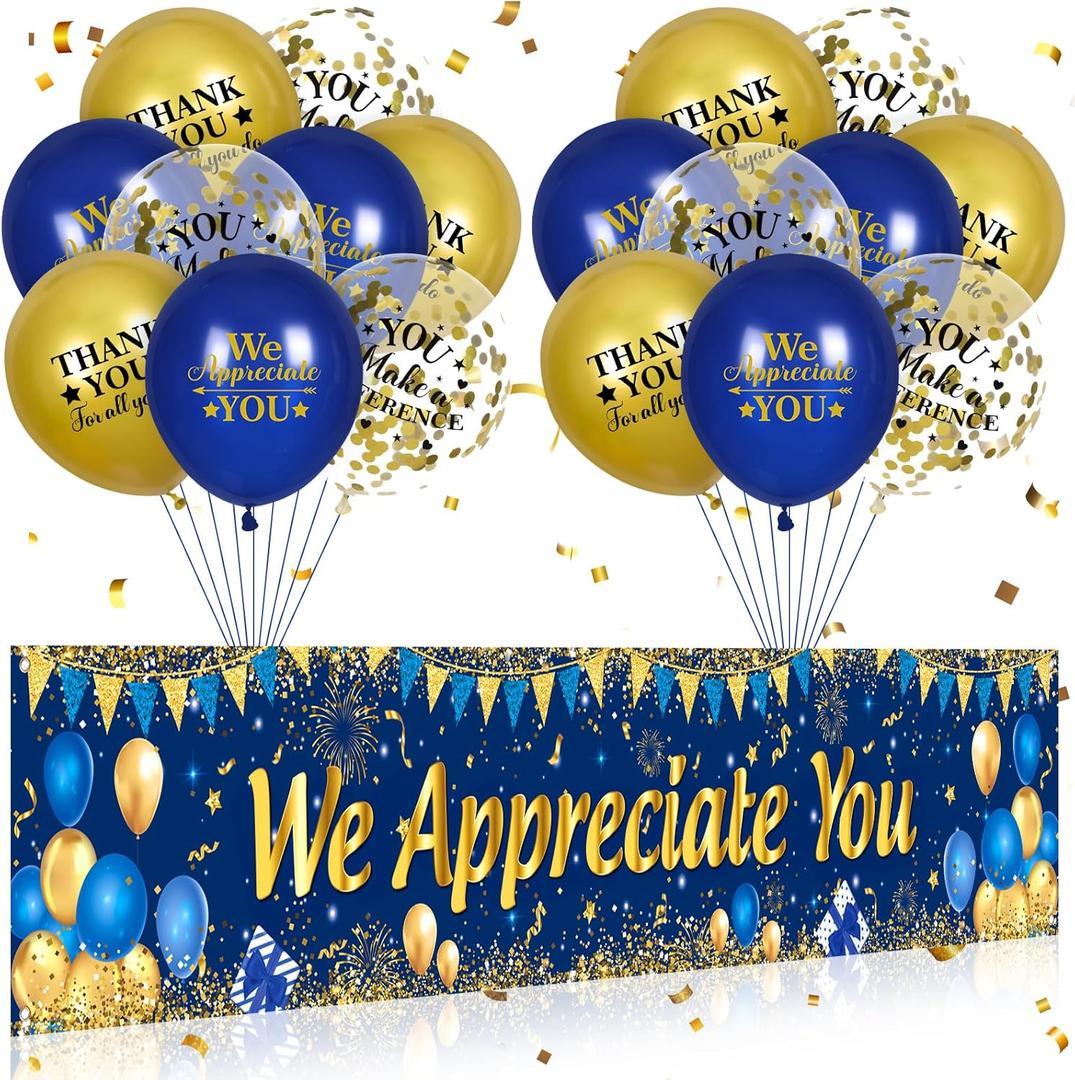 We Appreciate You Decorations Blue Gold Appreciate You Banner Yard Sign with 18 Pcs Balloons Thank You for All You Do Banner Employee Staff Appreciation Gifts Teacher Doctor Appreciation Party Decor
