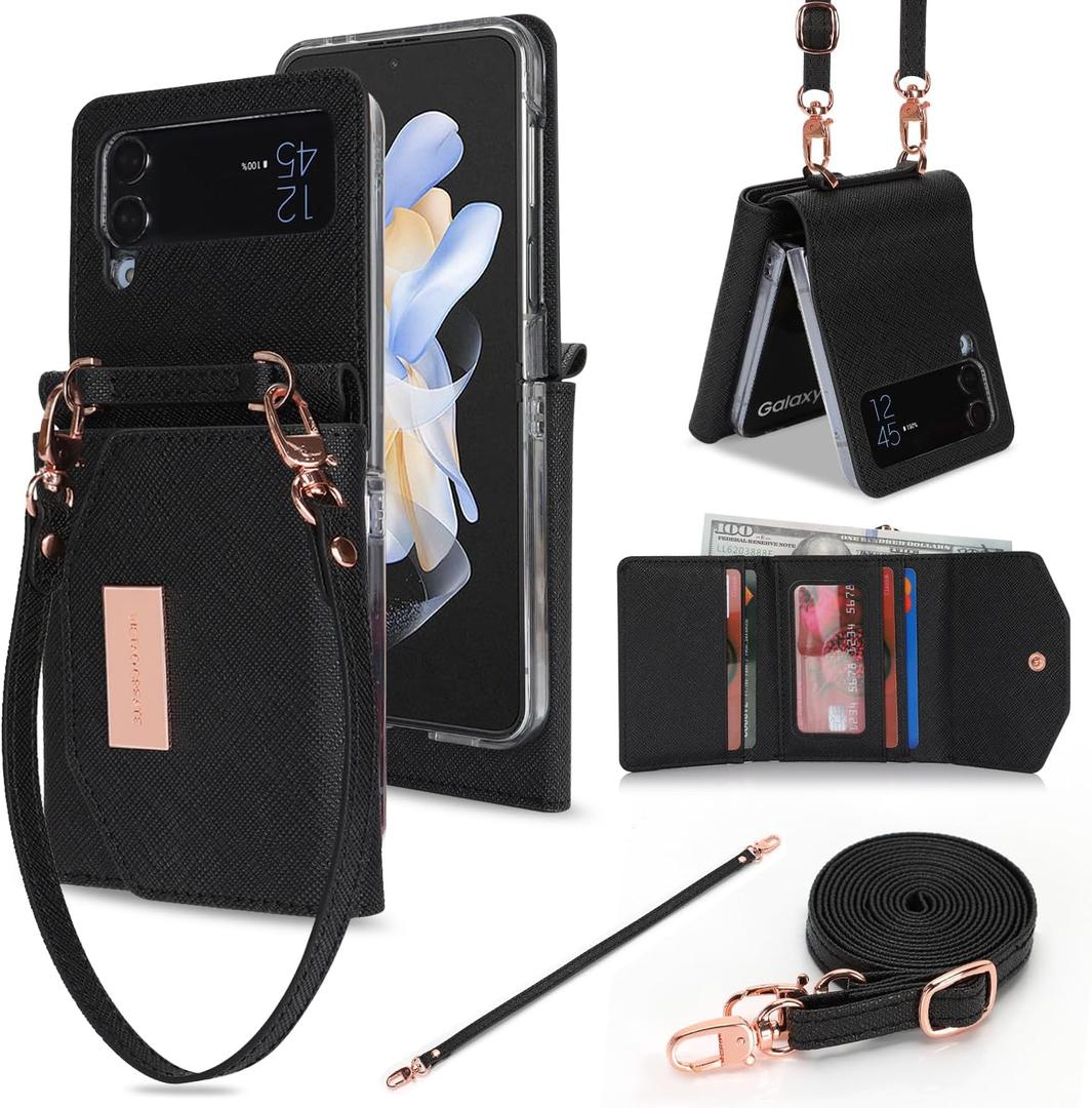 Phone Case for Samsung Galaxy Z Flip 4, Crossbody Wallet Phone Cover with Card Holders Cash Slot Wristlet Strap, Fashion Leather Handbag Flip 4 Phone Case for Women Girls (Black)