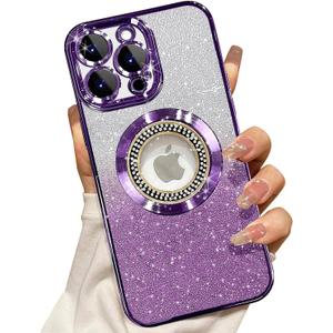 Misscase for iPhone 15 Pro Max Magnetic Glitter Case Compatible with MagSafe,Full Protection Slim Shockproof Anti-Scratch Case with Camera Lens Protector Logo View Dust-Proof Net for Women, Purple