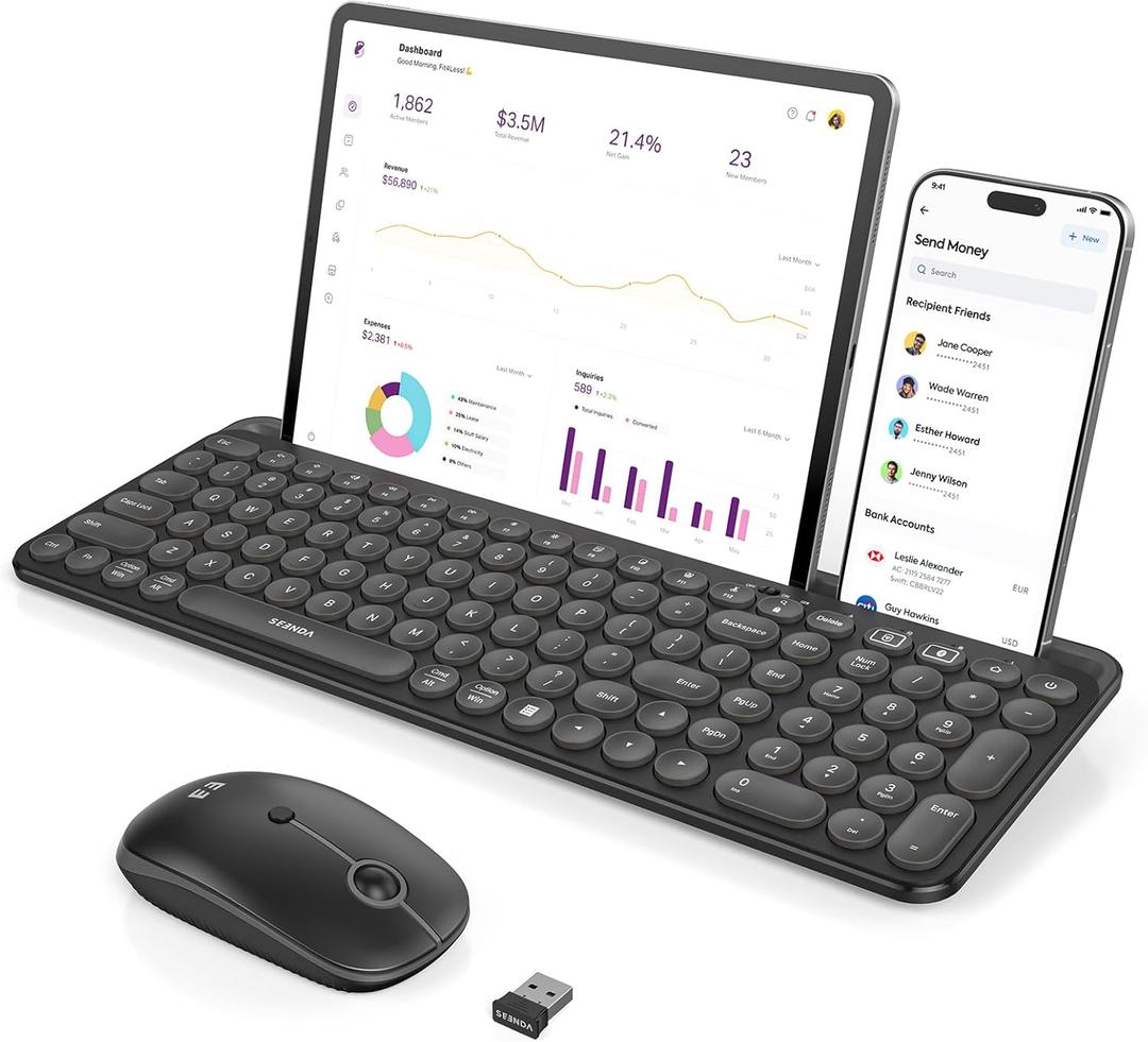 Seenda Bluetooth Keyboard and Mouse for iPad, CTU-301 Wireless Multi-Device Connection Bluetooth+2.4G Keyboard Mouse Combo with Tablet Holder for iPad/MacBook/Windows, iOS/Andriod/Phone, Black