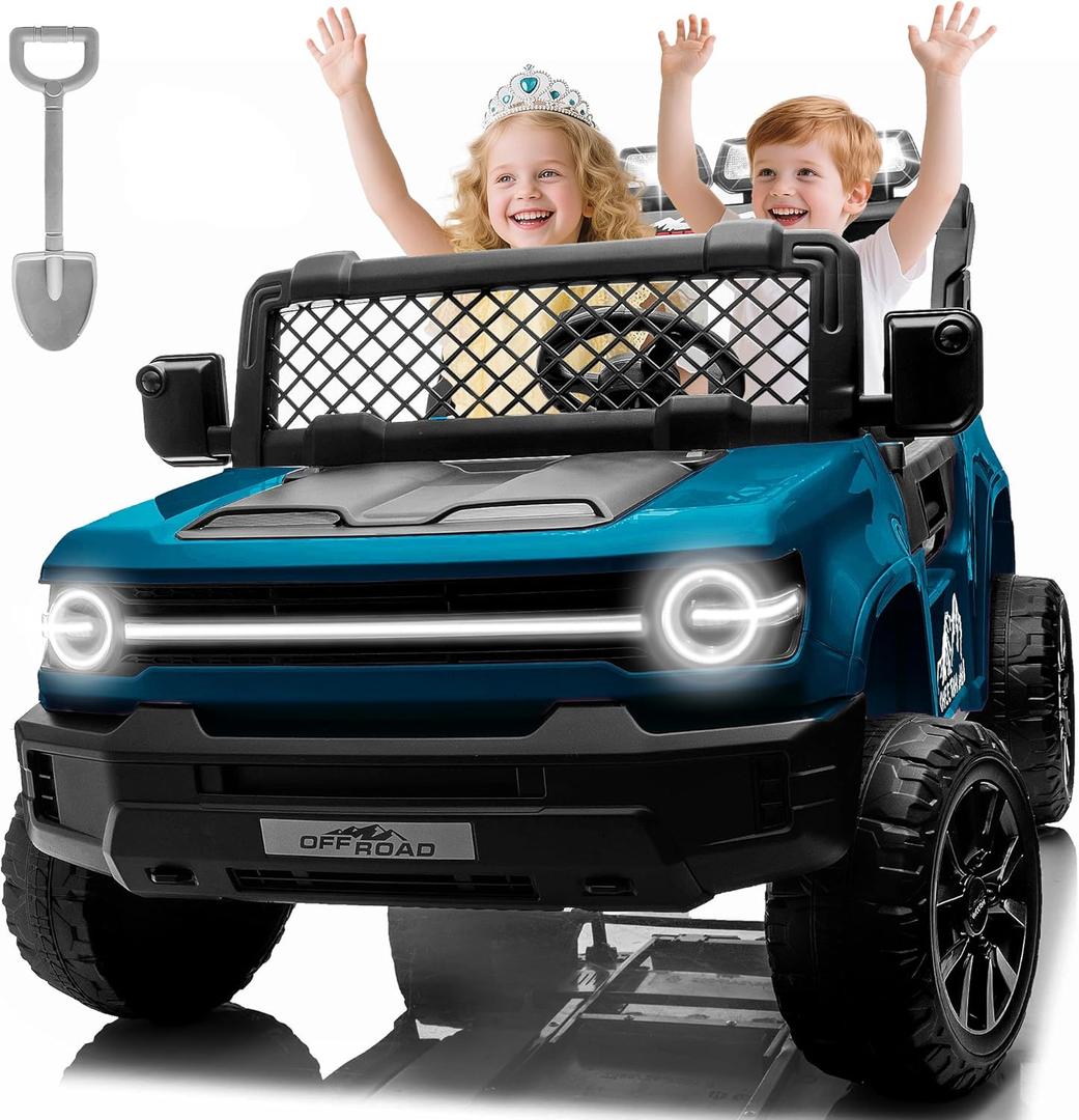 XL 24V 2 Seater Ride on Toys for Big Kids w/ 132lb Weight Capacity, 4WD Ride on Car Truck with 22" Wide Seat, Remote Control, Max Speed 7 MPH, LED Lights, Music, Toy Shovel, Soft Start (Blue)