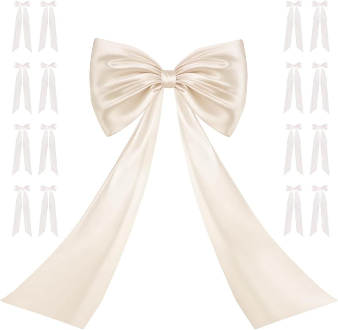 Large Pink Bow for Coquette Room Decor, 16 Pcs 3x13 in+1Pcs 47x24 in Big Satin Ribbon Ties for Birthday Party Wedding Background Bridal Shower Baby Shower Room Wall Decorations (Cream)