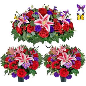 Artificial Cemetery Flower with Vases for Grave, 3PC,Red Rose Headstone Flower Saddle (Vases Included)
