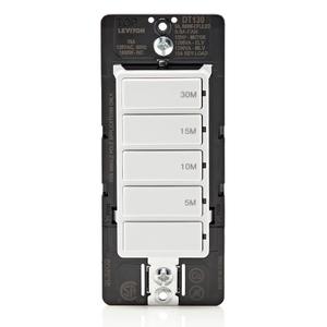 Leviton Countdown Timer Switch For Bathroom Fan And Household Lights, 5-10-15-30 Min, No Neutral Required, Single Pole, 15A, 1/2 HP/9.8A Fan/Motor, DT130-1LW, White