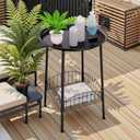 Small Outdoor Side Table, 2-Tier Round Metal Patio Table, Accent Table Waterproof, Weather Resistant End Table for Yard Porch Pool Balcony Garden Bedside (Black), 16x16x22 Inches