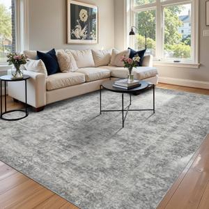 6x9 Area Rugs for Living Room Bedroom, Large Washable Rug, Grey Vintage Abstract Boho Rug, Non Slip & Low Pile Faux Wool Carpet for Indoor Dining Room, Farmhouse and Kids Room(Grey 6x9ft)