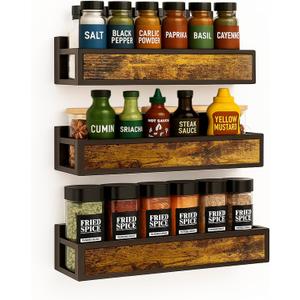 Spice Rack Wall Mount 3 Pack, Space-Saving Seasoning Organizer,Screw or Adhesive Hanging Spice Rack Organizer for Kitchen Cabinet and Wall (Engineered Wooden) (Black)