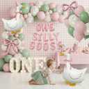 One Silly Goose 1st Birthday Table Decorations Girl Goose Balloons with Pink Bow, ONE SILLY GOOSE Foil Banner & Gingham Tablecloth, Cute Baby Girl Birthday Party Decor